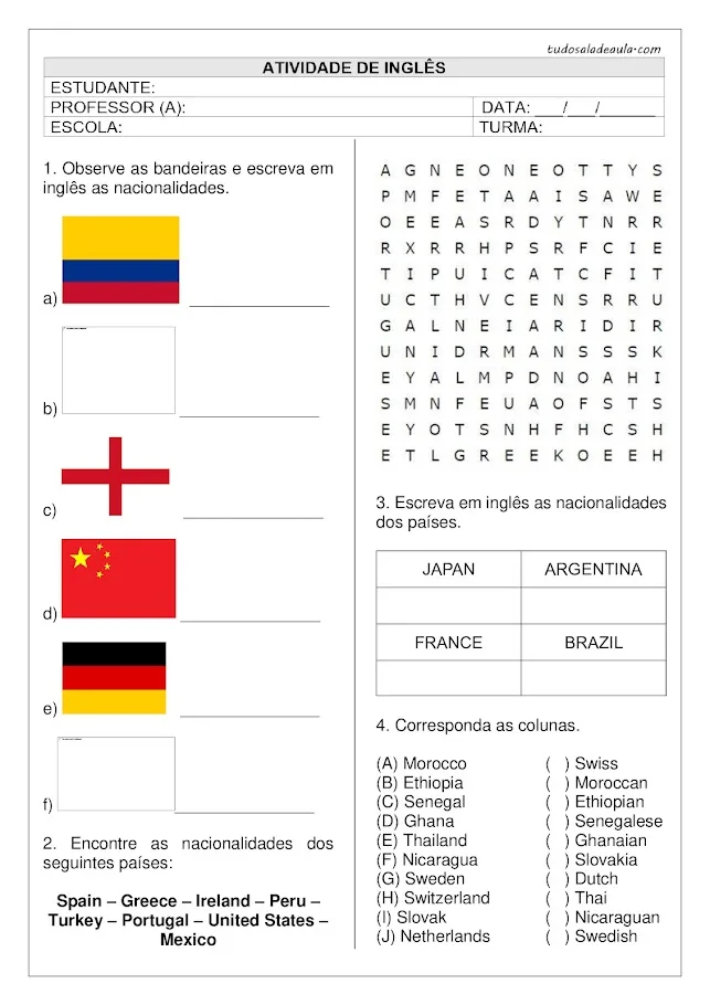 atividades de inglês 5 ano