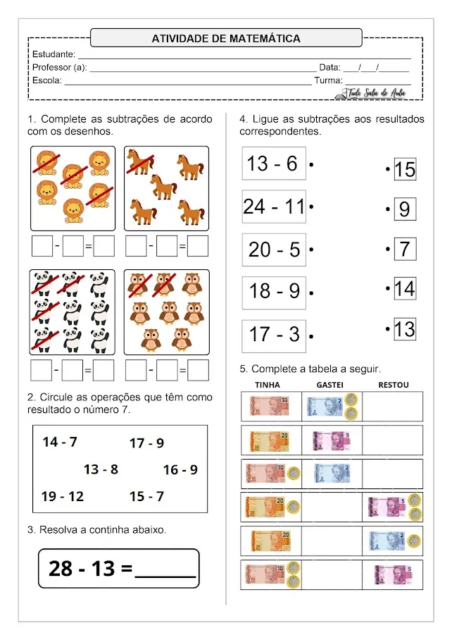 Atividades de Subtração para o 1° ano