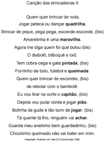 Atividade de Interpretação e Compreensão de Música - Canção das Brincadeiras -  2º ano / 3º ano EF