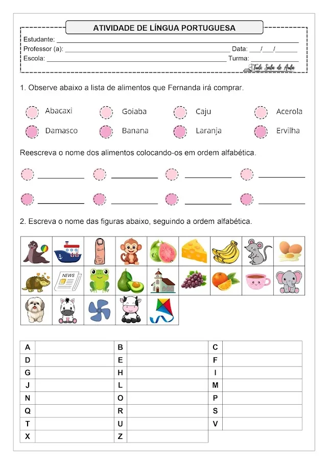 Atividades de Ordem Alfabética para Imprimir - 1º e 2º ano fundamental