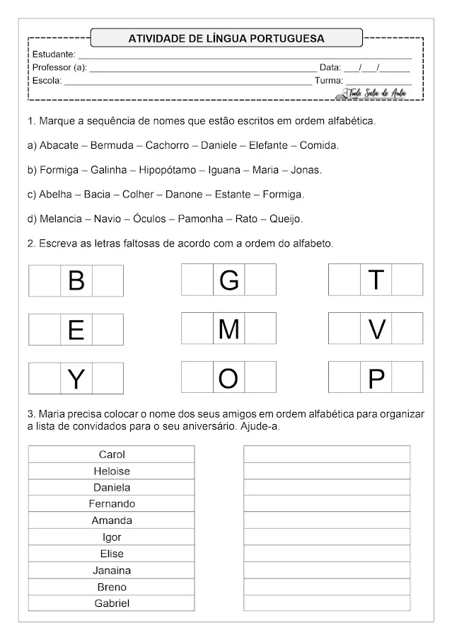 Atividades de Ordem Alfabética para Imprimir - 1º e 2º ano fundamental