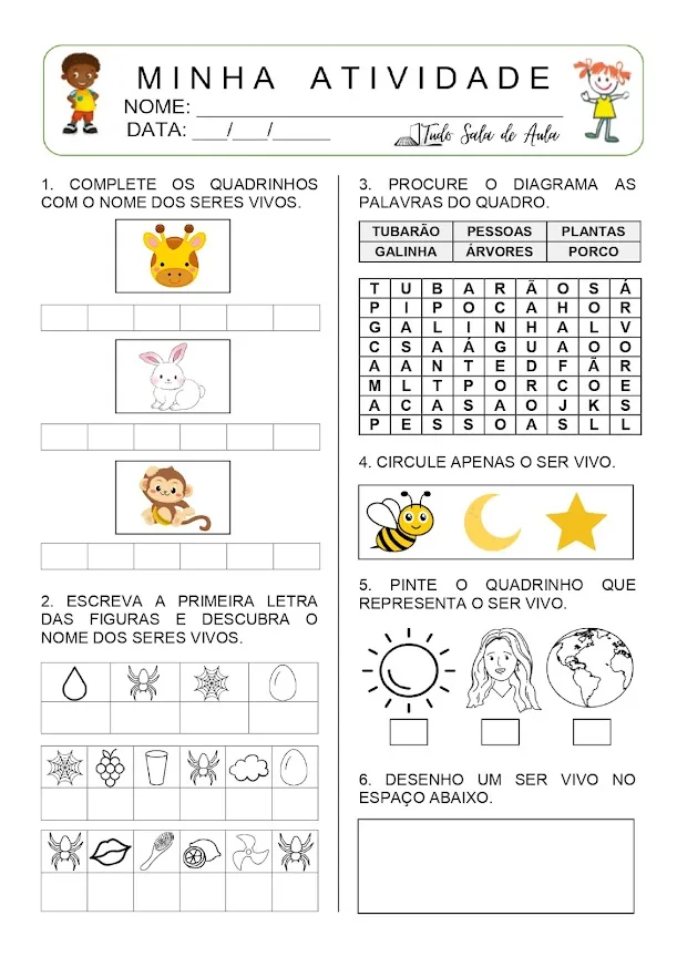 Atividade sobre os seres vivos para a educação infantil