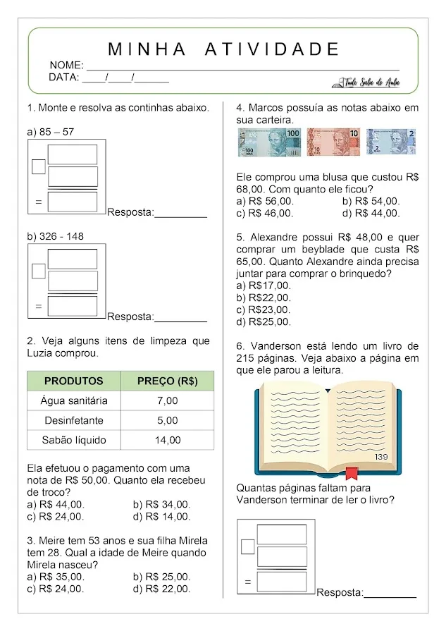 atividade de subtração com reserva