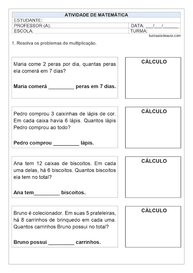 Atividades de multiplicação 3 ano