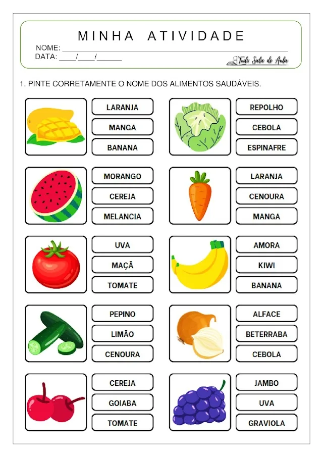 atividade alimentos saudáveis educação infantil