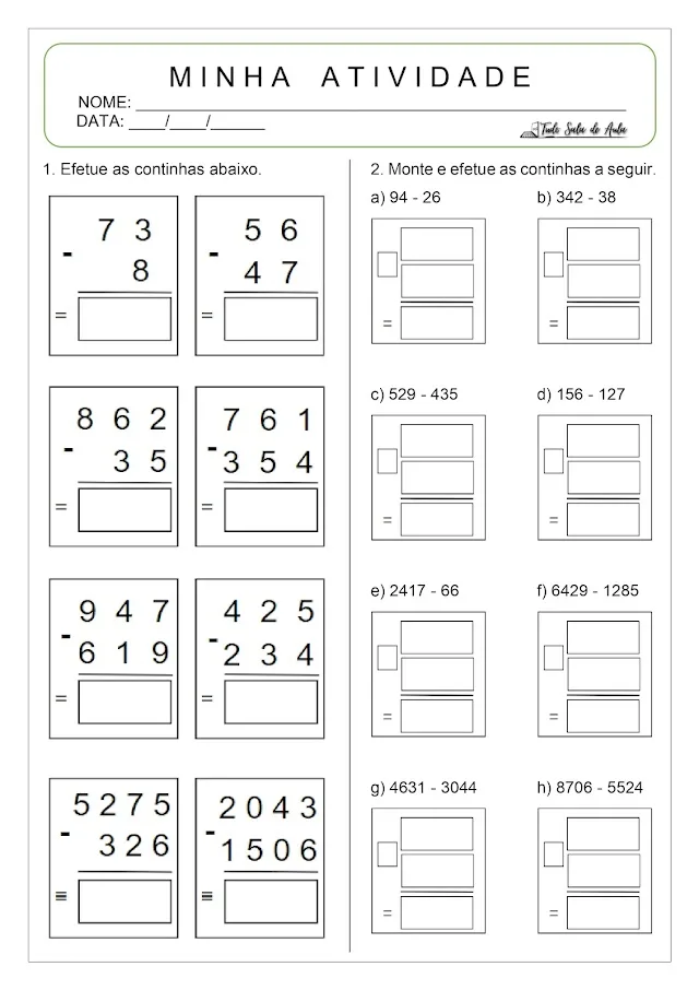 atividade de subtração com reserva