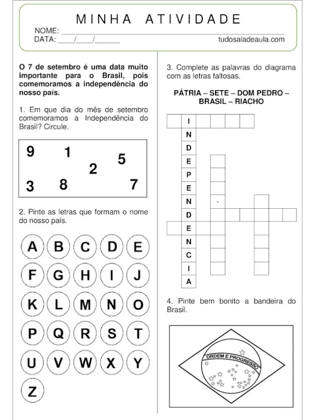 Atividade 7 de Setembro para o 1° ano Fundamental