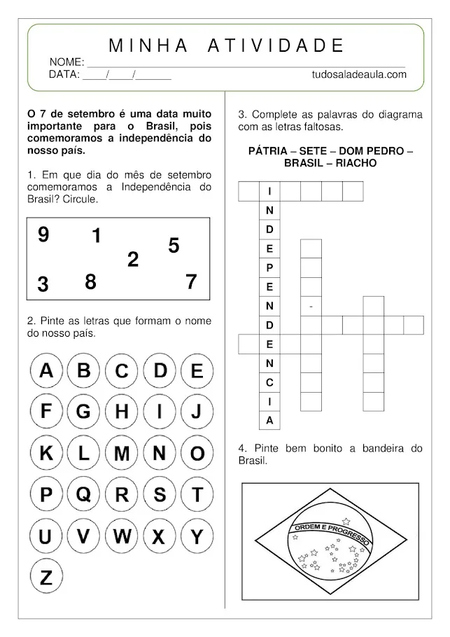 Atividade 7 de Setembro para o 1° ano Fundamental