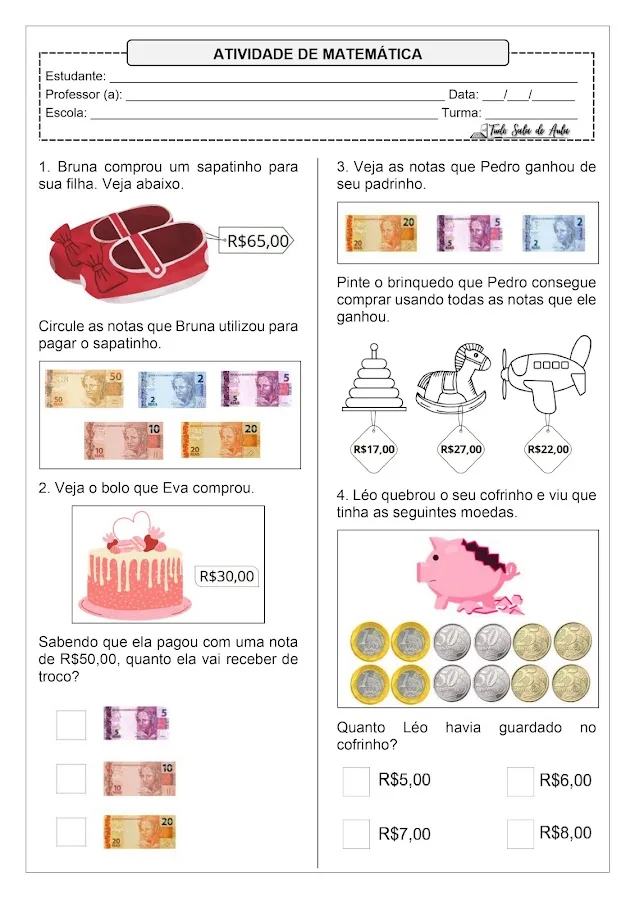 Atividade sobre o Sistema Monetário 1º ano fundamental