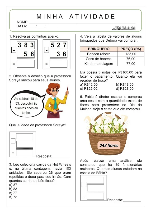 atividade de subtração com reserva