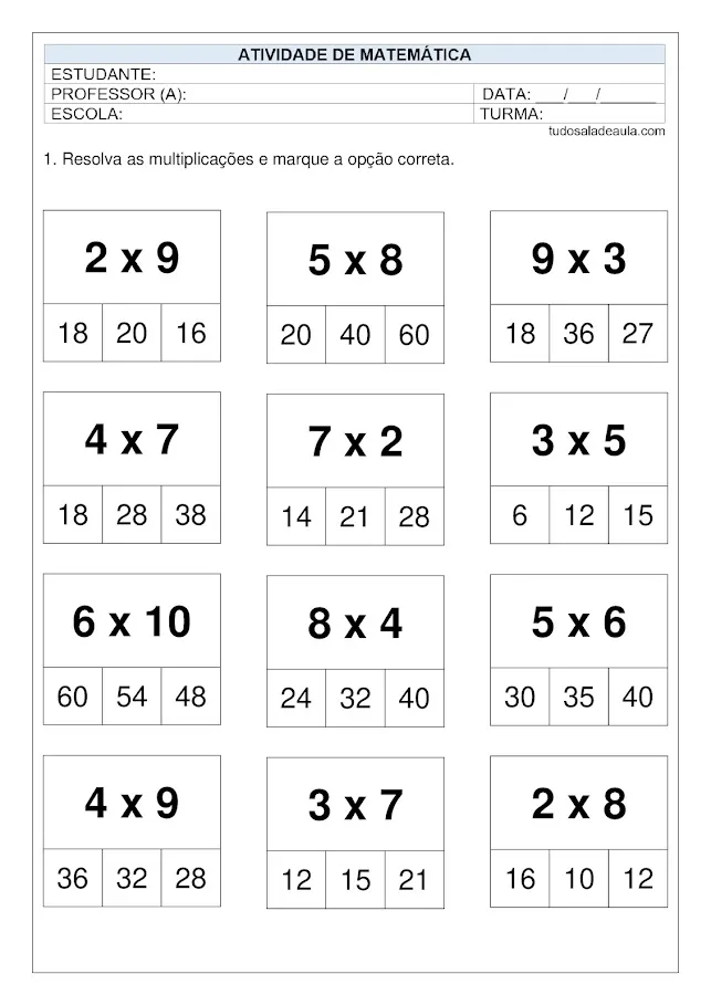 Atividades multiplicação 3º ano