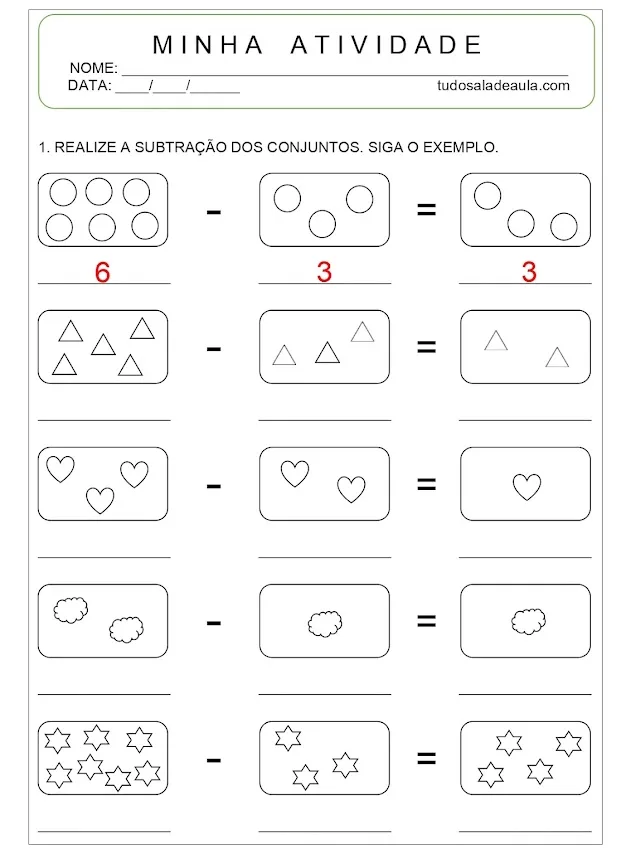 Atividade de subtração educação infantil