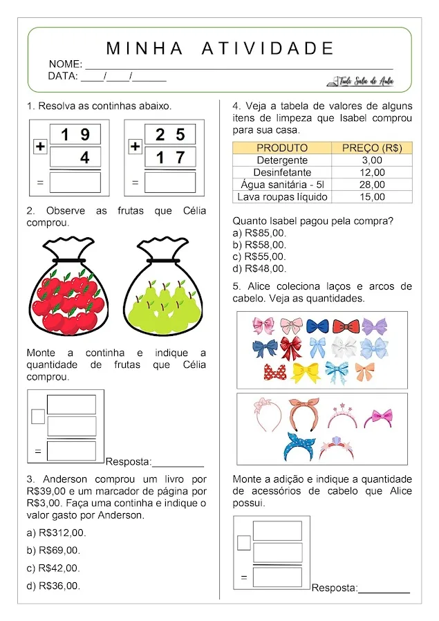 Atividade de adição com reagrupamento