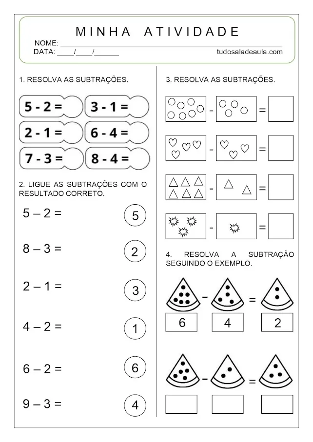 Atividade de subtração educação infantil