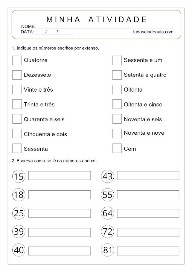 atividade números por extenso