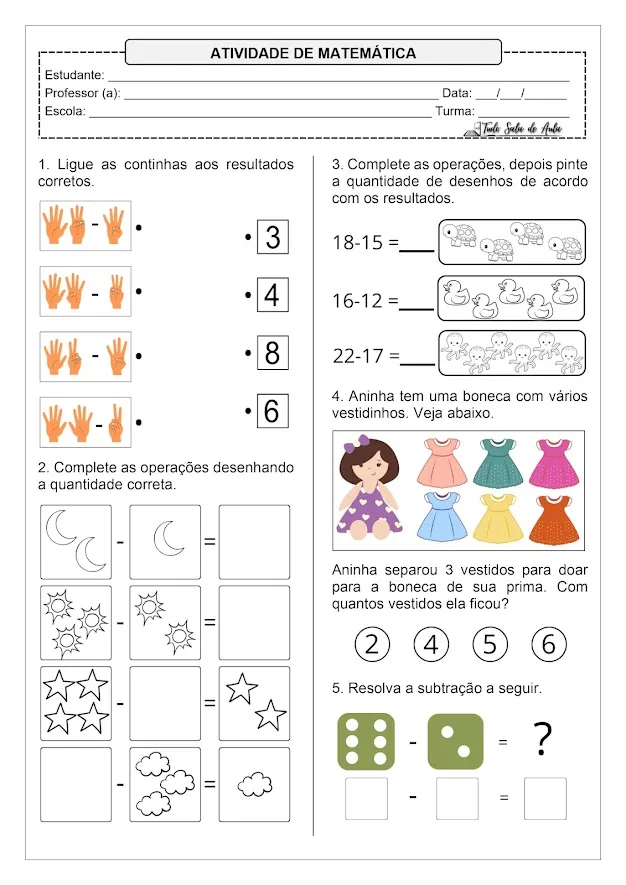 Atividades de Subtração para o 1° ano