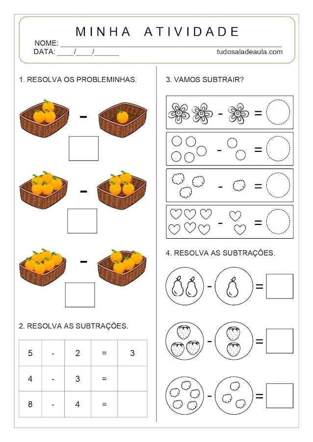 Atividade de subtração educação infantil