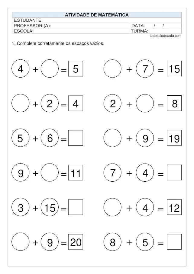 Atividade de adição 1 ano