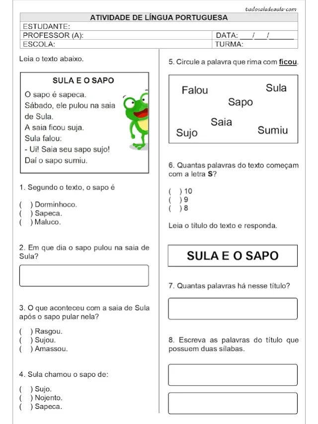 atividades de interpretação de texto 1 ano