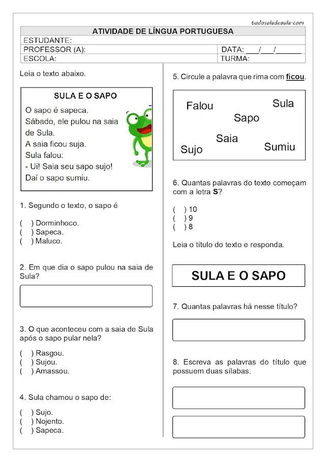 atividades de interpretação de texto 1 ano