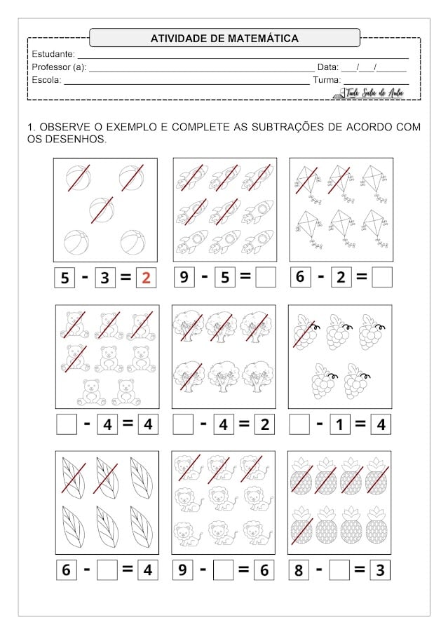 atividades de subtração com desenhos