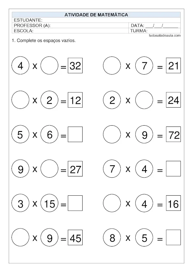 Atividades multiplicação 3º ano