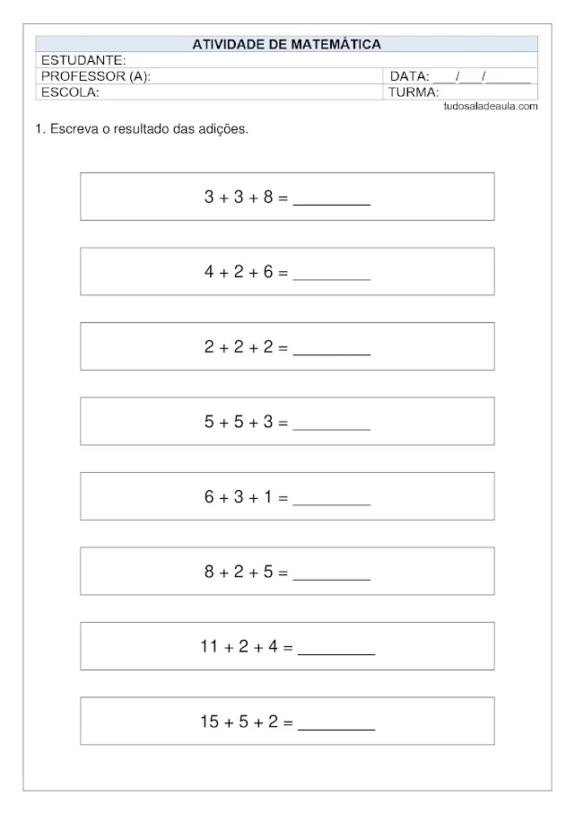 Atividade de adição 1 ano