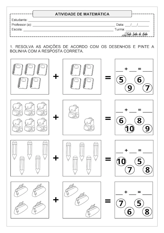 atividades de adição 1 ano com desenhos