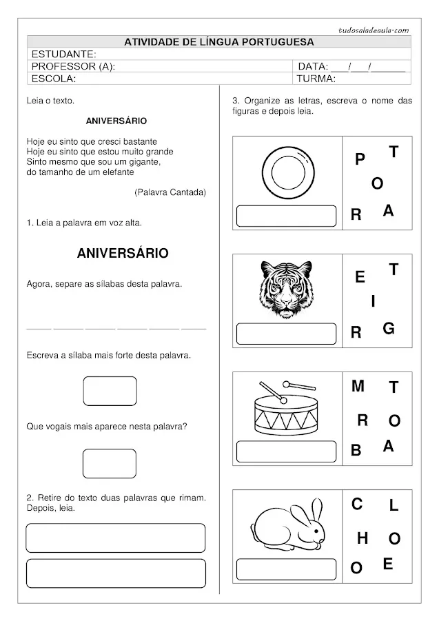 Atividade de alfabetização 2 ano