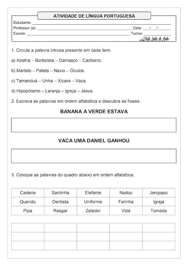 Atividades de Ordem Alfabética para Imprimir - 1º e 2º ano fundamental