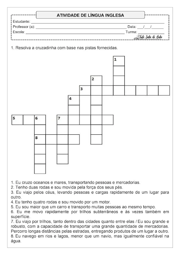 Meio de transporte em inglês atividades