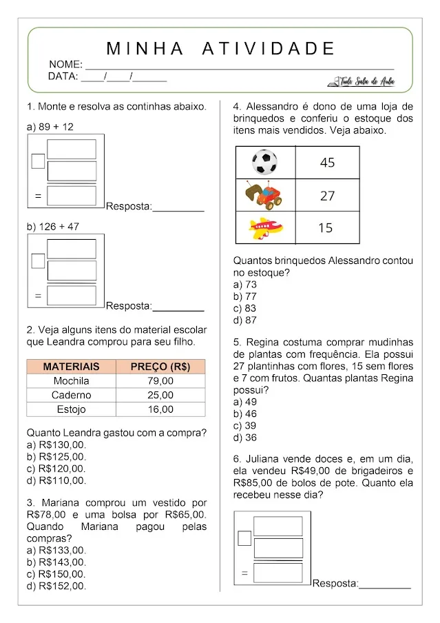 Atividade de adição com reagrupamento