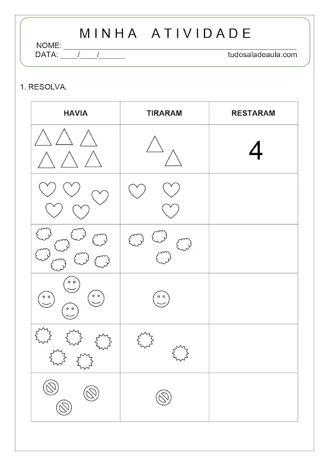 Atividade de subtração educação infantil