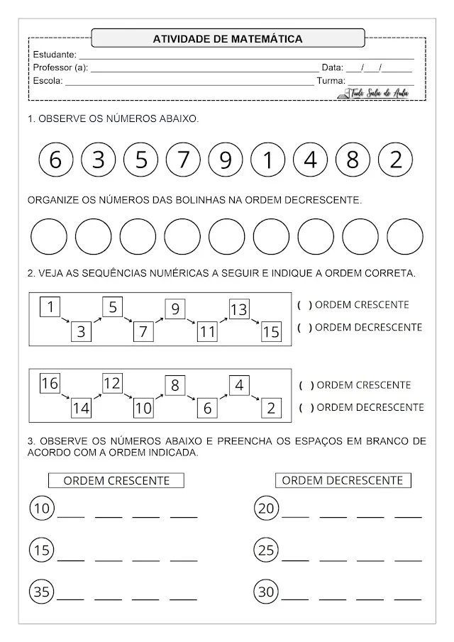 atividades ordem crescente e decrescente