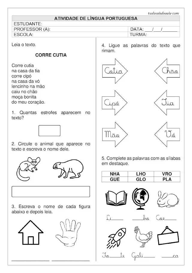 Atividade de alfabetização 2 ano