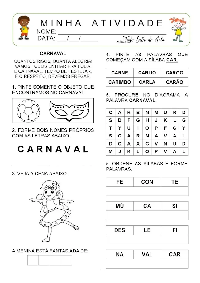 Atividade sobre o carnaval para a educação infantil