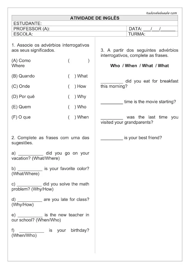 atividades de inglês 5 ano