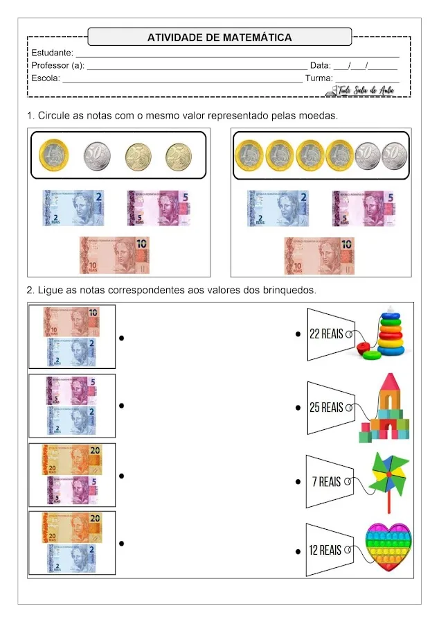 Atividade sobre o Sistema Monetário 1º ano fundamental