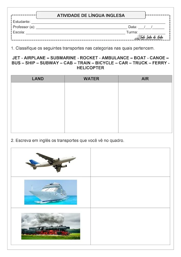 Meio de transporte em inglês atividades