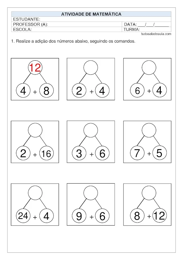 Atividade de adição 1 ano