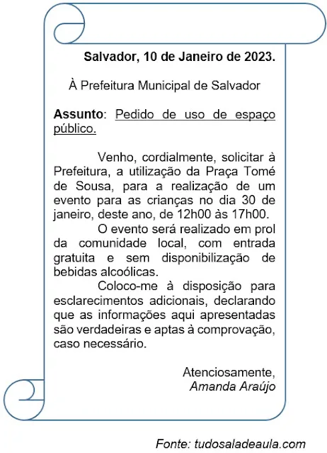 Atividade sobre Carta de Solicitação - 3º Ano - Com gabarito