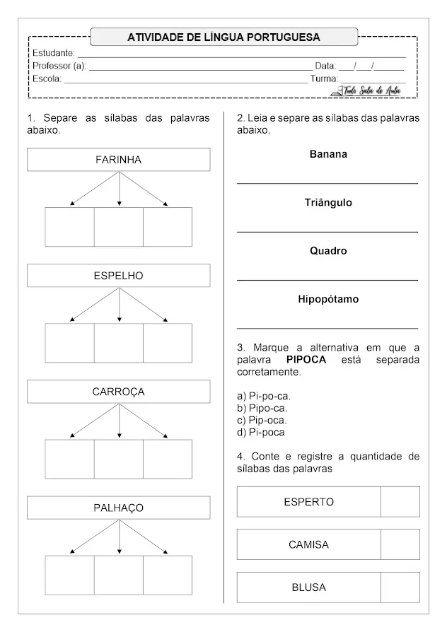 atividade separação de sílabas