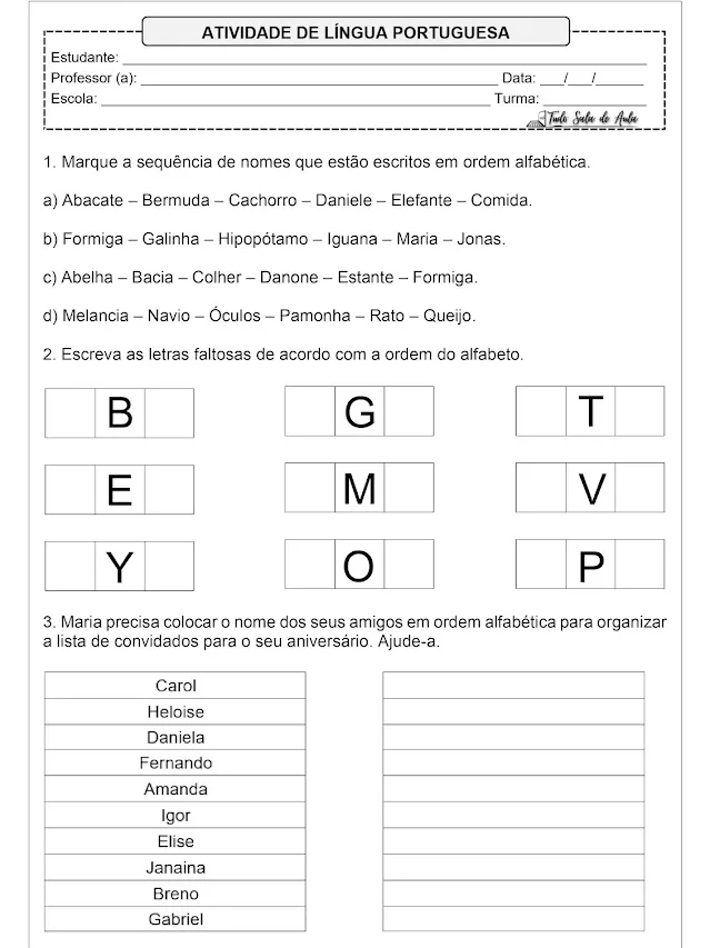 Atividades de Ordem Alfabética para Imprimir - 1º e 2º ano fundamental