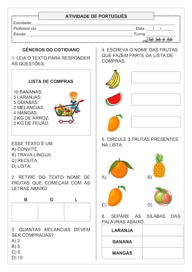 atividade de leitura e interpretação