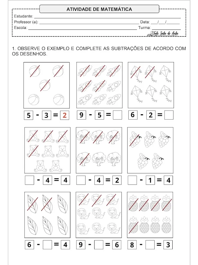 atividades de subtração com desenhos