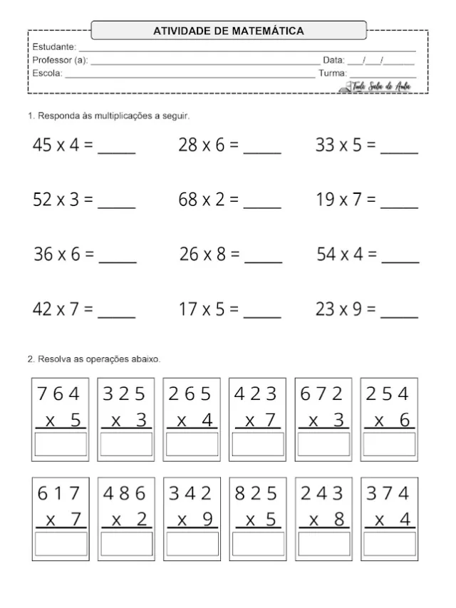 Contas de Multiplicação 4 ano