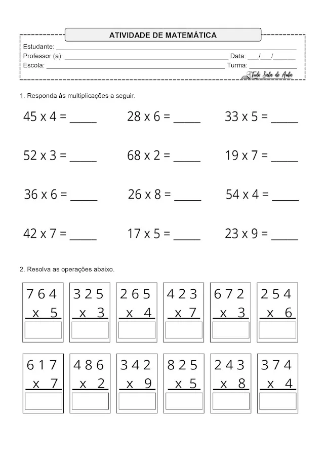 Contas de Multiplicação 4 ano