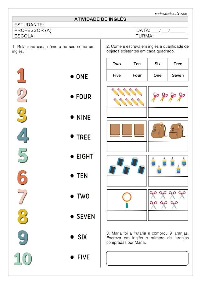 atividades de Inglês 1 ano