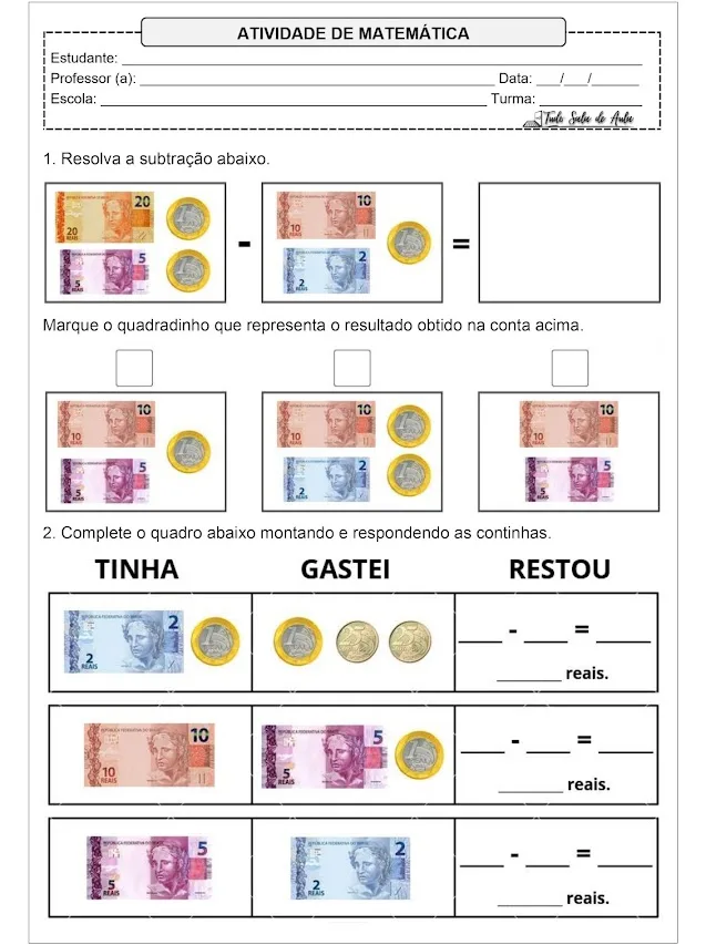 Atividade sobre o Sistema Monetário 1º ano fundamental