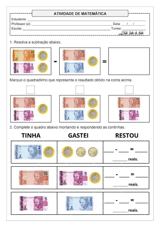 Atividade sobre o Sistema Monetário 1º ano fundamental